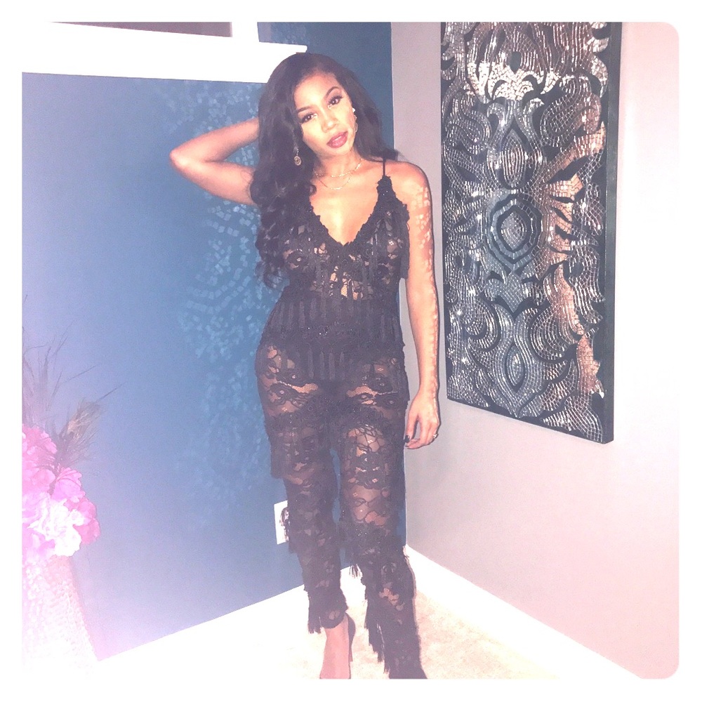 BLACK LACE JUMPSUIT WITH TASSELS